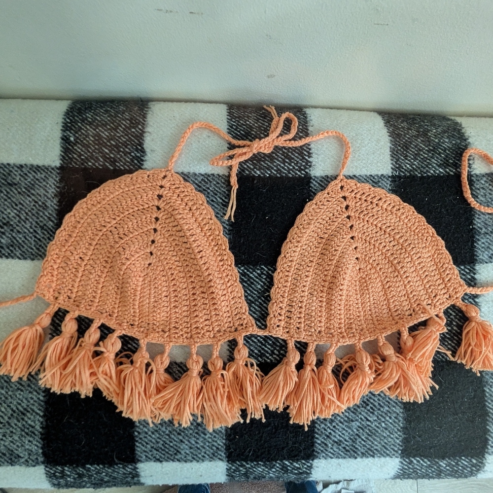 Crochet Tassel Bikini Top in Peach